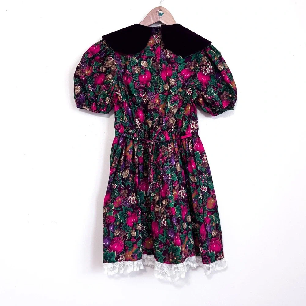 Youngland Traditions‎ Vintage Fruit Print Harvest Dress Girls 8 Burgundy Lace
